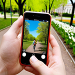 **Prompt:** "Person using a smartphone app to record temperature while walking through a park, showcasing integration of data collection into daily life. Focus on natural elements, like blooming flowers, and bright daylight. The style should be friendly and approachable, almost like a snapshot."