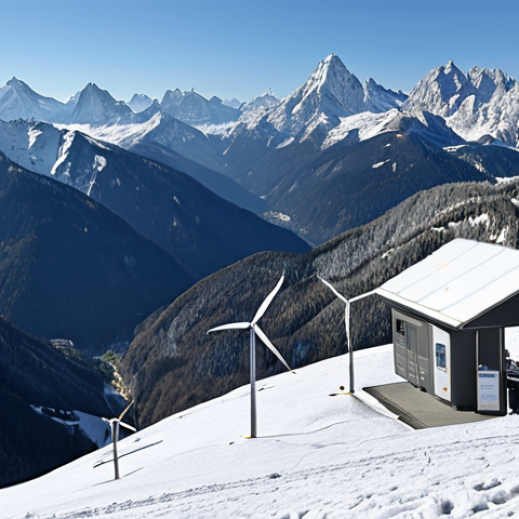 **A panoramic view of the Bavarian Alps showcasing a solar-powered climate monitoring station nestled amongst snow-capped peaks. In the foreground, a citizen scientist is collecting data, with wind turbines visible in the distance providing power. The image should convey sustainability, innovation, and the integration of renewable energy in climate observation.**