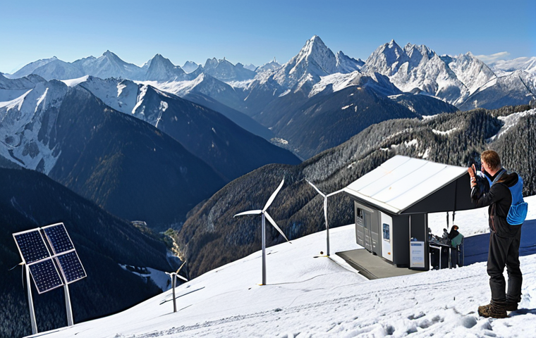 **A panoramic view of the Bavarian Alps showcasing a solar-powered climate monitoring station nestled amongst snow-capped peaks. In the foreground, a citizen scientist is collecting data, with wind turbines visible in the distance providing power. The image should convey sustainability, innovation, and the integration of renewable energy in climate observation.**