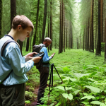 **

Prompt: "Volunteers collecting data about invasive plant species in a lush, green German forest. Focus on the citizen scientists using handheld devices to record observations, with the data being transmitted to a central server in the background. Include elements of the German landscape."

**