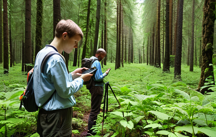 **

Prompt: "Volunteers collecting data about invasive plant species in a lush, green German forest. Focus on the citizen scientists using handheld devices to record observations, with the data being transmitted to a central server in the background. Include elements of the German landscape."

**