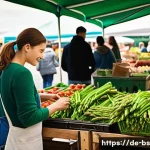 Home 20 기후변화에 대한 개인의 역할 - **A bustling German farmer's market on a sunny morning.** Diverse shoppers, from young adults to old...