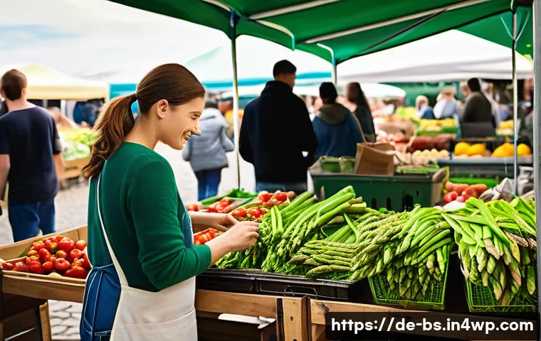 기후변화에 대한 개인의 역할 - **A bustling German farmer's market on a sunny morning.** Diverse shoppers, from young adults to old...