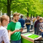 Home 22 기후변화 시민 관측의 재정적 지원 방안 - A vibrant local community crowdfunding event in a German town square, with diverse people of all age...
