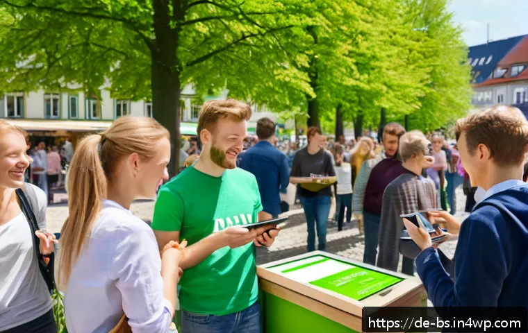 기후변화 시민 관측의 재정적 지원 방안 - A vibrant local community crowdfunding event in a German town square, with diverse people of all age...